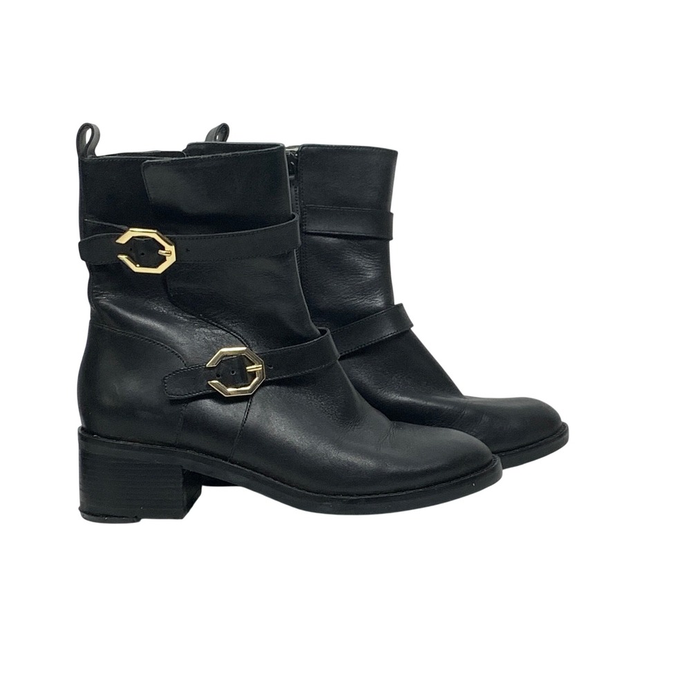 Cole Haan Ankle Boots Womens 6B Black Leather Buckle Moto Block Heel W11662